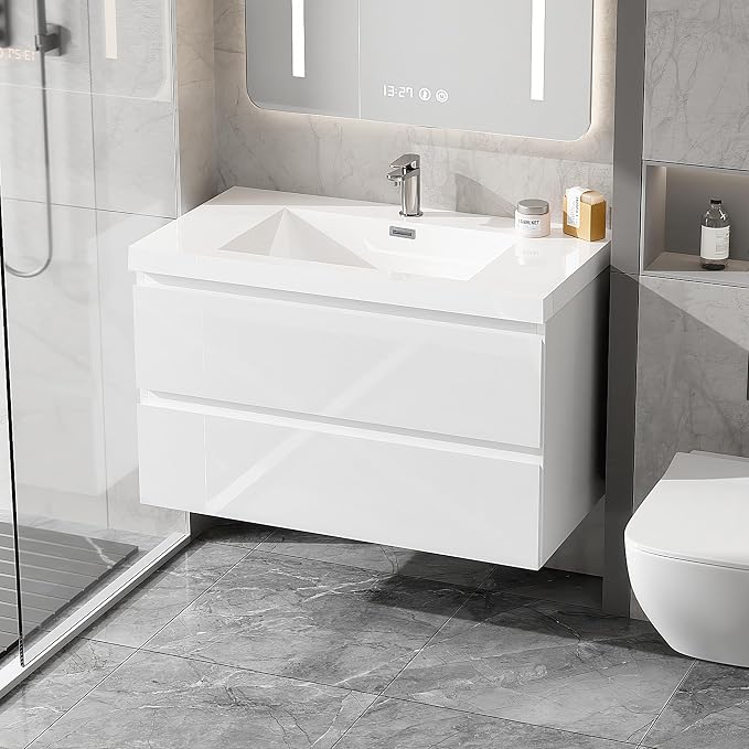 36 Inch Floating Bathroom Vanity with Sink, Large Storage Wall Mounted Floating Vanity with Soft Close Drawers, One-Piece Basin Bathroom Sink Cabinet (Glossy White, 36 Inch)