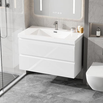 36 Inch Floating Bathroom Vanity with Sink, Large Storage Wall Mounted Floating Vanity with Soft Close Drawers, One-Piece Basin Bathroom Sink Cabinet (Glossy White, 36")