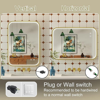 20x28 Inch Gold LED Bathroom Mirror with Lights,3000K/4500K/6000K | Stepless Dimmable, Memory Funtion,Anti-Fog, Aluminum Frame Wall Mount Lighted Bathroom Vanity Mirror, ETL Listed, Waterproof