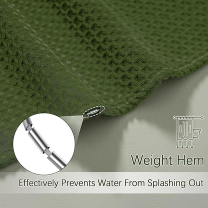 Deep Green Shower Curtain - Waffle Weave Fabric Heavy Duty Shower Curtain for Bathroom, Water Repellent Weighted 256GSM Hotel Quality Machine Washable Bath Curtains with 12 Hooks, 72Wx72H