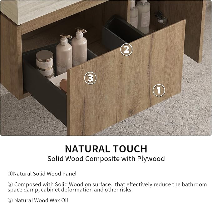 LKTART Floating 30 Inch Bathroom Vanity with Sink, Modern Plywood Wall Mounted Bathroom Storage Cabinet with 1 Door and 1 Drawer, Roma Travertine-Pattern Sintered Stone Countertop and Ceramic Basin