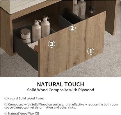 LKTART Floating 30 Inch Bathroom Vanity with Sink, Modern Plywood Wall Mounted Bathroom Storage Cabinet with 1 Door and 1 Drawer, Roma Travertine-Pattern Sintered Stone Countertop and Ceramic Basin