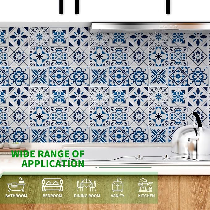 LONGKING Peel and Stick Backsplash Tile Stickers, Admiral Blue Geometric-Shaped Pattern Tile for Kitchen, Stick on Wall Tiles (10 Sheets) | Peel and stick backsplash, self-adhesive wall tile, Admiral Blue, geometric, waterproof, kitchen bathroom wall, ...