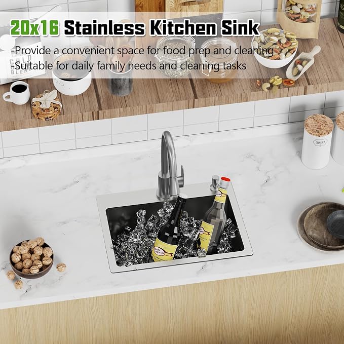 20x16 In Kitchen And Bar Sink- Stainless Steel Drop In Kitchen Sink Modern Single Bowl Topmount Bar Sink With Silicon Mat,Drain Strainer Set Compatibility With Various Kitchen & Bar Style