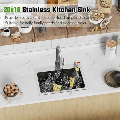 20x16 In Kitchen And Bar Sink- Stainless Steel Drop In Kitchen Sink Modern Single Bowl Topmount Bar Sink With Silicon Mat,Drain Strainer Set Compatibility With Various Kitchen & Bar Style