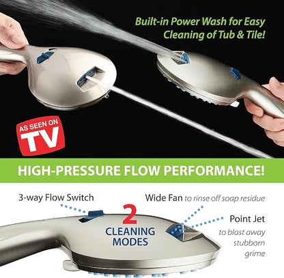 AquaCare 48-mode High Pressure 3-way Shower Head Combo w/ 2-mode Power Wash | Pure Clean Jets, Dual Handheld Power Wash for Tub, Tile & Pets, Long 6 ft. Stainless Steel Hose, Extra Wall Bracket / Nickel