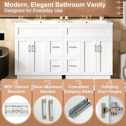 60" Bathroom Vanity Set with Double Sink, Harper & Bright Designs Vanity Cabinet with 4 Cabinet Doors, 4 Drawers, 2 Adjustable Shelves, Solid Wood Bathroom Cabinet with Resin Basin for Bathroom, White