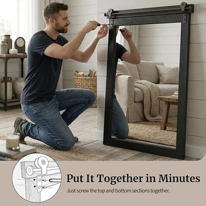 24"x36" Black Wood Grain Barn Door Vanity Mirror with Wood Header | 100% solid wood, HD tempered glass, bronze-tone iron rail; farmhouse vanity mirror for over sink, powder room, entryway