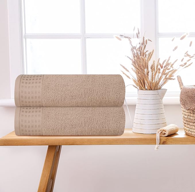 GLAMBURG 100% Cotton 2 Pack Oversized Bath Towel Set 28x55 Inches, Ultra Soft Highly Absorbant Compact Quickdry & Lightweight Large Bath Towels, Ideal for Gym Travel Camp Pool - Tan