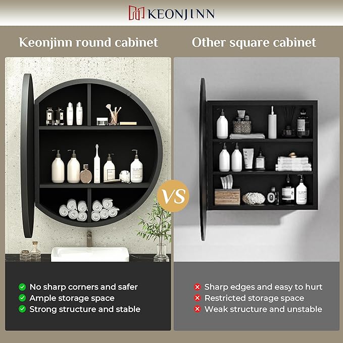 Keonjinn 24 x 24 In Round Medicine Cabinets for Bathroom, Black Mirror Surface Mount Medicine Cabinet, Circle Black Medicine Cabinet with Mirror, Adjustable Shelves Framed Bathroom Mirror with Storage