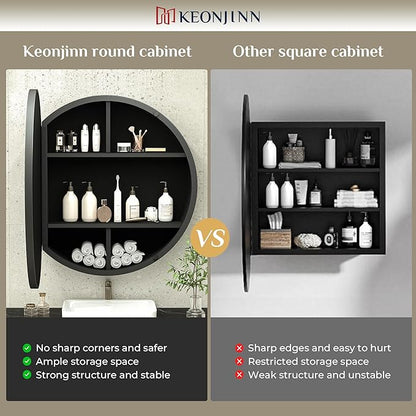 Keonjinn 30 in Round Black Medicine Cabinets with Mirror, Large Farmhouse Medicine Cabinet for Bathroom, Circle Bath Mirror with Storage, Metal Frame Medicine Cabinet for Wall with Detachable Shelves
