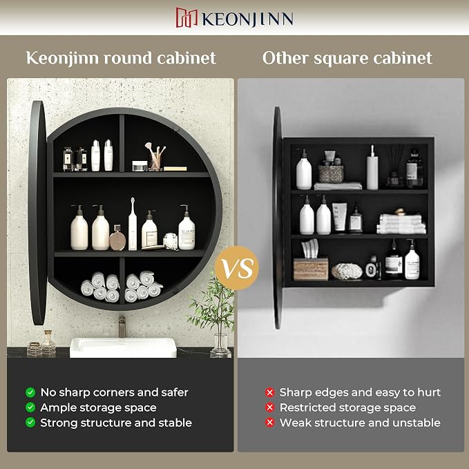 Keonjinn 30 in Round Black Medicine Cabinets with Mirror, Large Farmhouse Medicine Cabinet for Bathroom, Circle Bath Mirror with Storage, Metal Frame Medicine Cabinet for Wall with Detachable Shelves | Surface Mount Metal Medicine Cabinet Mirror, Shatt...