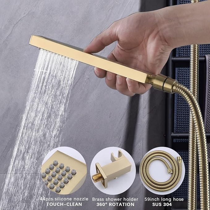 16X26 inch Shower System Brushed Gold Shower Head and Handle Set | Temperature Display Shower Faucet with Dual 8 inch Shower Head, 6 Body Jet, Handheld Shower, 5 Functions Can All Run Together