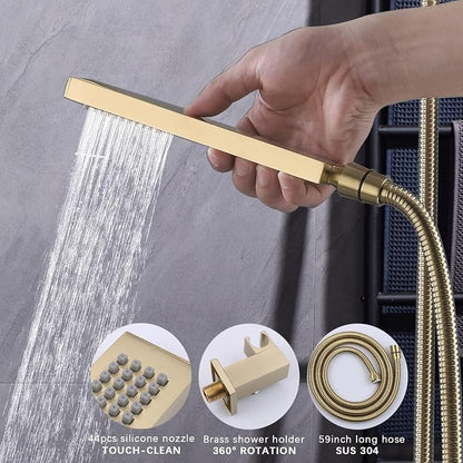 16X26 inch Shower System Brushed Gold Shower Head and Handle Set | Temperature Display Shower Faucet with Dual 8 inch Shower Head, 6 Body Jet, Handheld Shower, 5 Functions Can All Run Together
