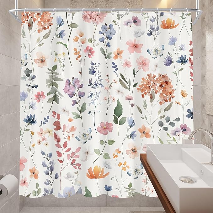 Boho Flower Colorful Wildflower Floral Women Bathroom Shower Curtain Set | 72"W x 72"H Girls Girly; waterproof HD print, quick-dry fabric and plastic hooks for easy setup.