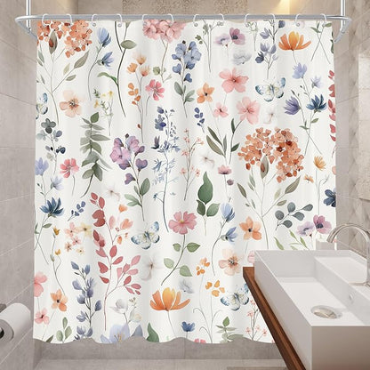 Boho Flower Colorful Wildflower Floral Women Bathroom Shower Curtain Set | 72"W x 72"H Girls Girly; waterproof HD print, quick-dry fabric and plastic hooks for easy setup.