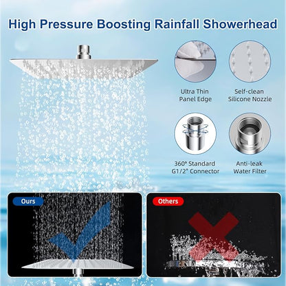 Metal 12" Rain Showerhead with 10-Spray Handheld, Easy Reach 4-way Diverter | NSF/ANSI/CAN 372 Certified, Chrome, High Pressure Shower Head with Pause Mode, 71" Stainless Steel Hose/12" Extension Arm