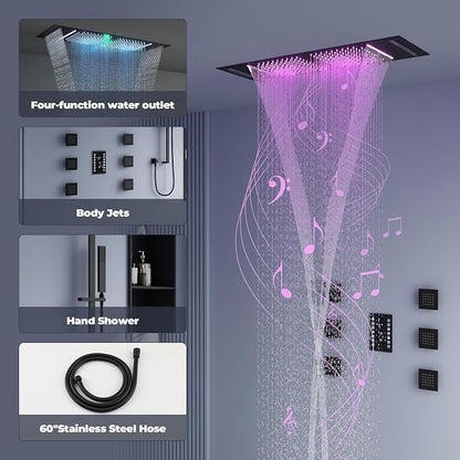 CASAINC Thermostatic Shower System with Body Jets, 36x12 Inch Luxury 6 Functions Waterfall Shower Jets System, Multifunctional Full Body Shower System with Sliding Rod Hand Shower, LED & Music
