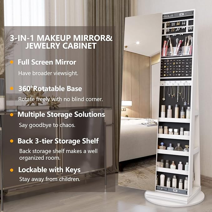 LVSOMT Standing Jewelry Cabinet with Sliding Full Length Mirror, White | 360° Swivel Mirror with Jewelry Storage, Lockable Jewelry Armoire Organizer with 3 Rear Shelves for Bedroom, Gift for Women