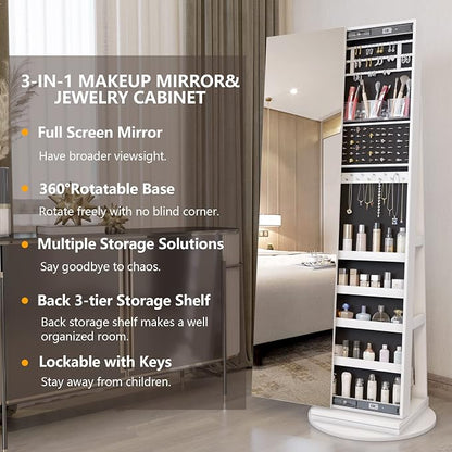 LVSOMT Standing Jewelry Cabinet with Sliding Full Length Mirror, White | 360° Swivel Mirror with Jewelry Storage, Lockable Jewelry Armoire Organizer with 3 Rear Shelves for Bedroom, Gift for Women