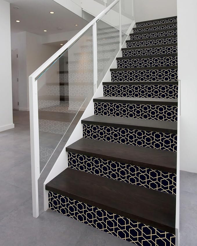 FLFK Stair Riser Decals - Rhombic Black and Gold Texture Stair Stickers Murals Peel and Stick Self-Adhesive for Home Decor, 39.3" W x 7.08" H x 13Pcs