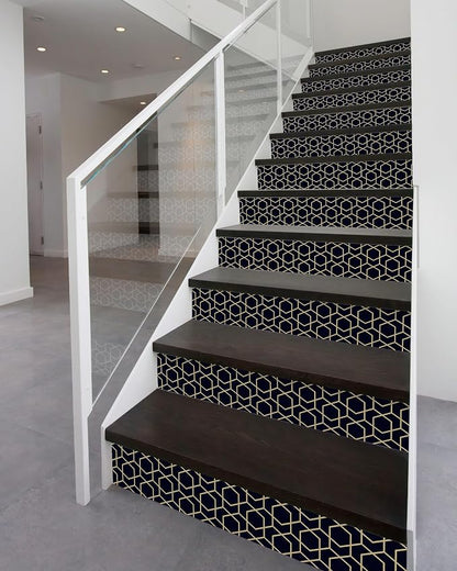 FLFK Stair Riser Decals - Rhombic Black and Gold Texture Stair Stickers Murals Peel and Stick Self-Adhesive for Home Decor, 39.3" W x 7.08" H x 13Pcs