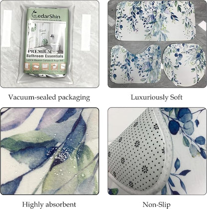 16 Pcs Blue Eucalyptus Shower Curtain Set with Absorbent Rugs and Metal Hooks,Premium 120gsm Heavy Weight Fabric Shower Curtain,Botanical Bathroom Deco (B-Blue)