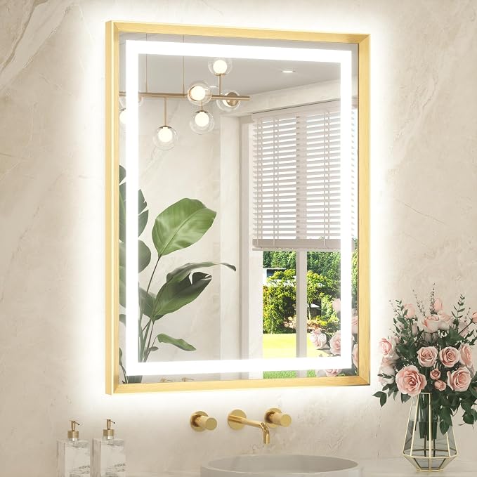 28 x 36 Bathroom LED Mirror Brushed Gold Metal Frame Frontlit & Backlit Vanity Mirror Anti-Fog Stepless Dimmable 3 Colors White/Warm/Natural Mirror with Lights Wall-Mounted