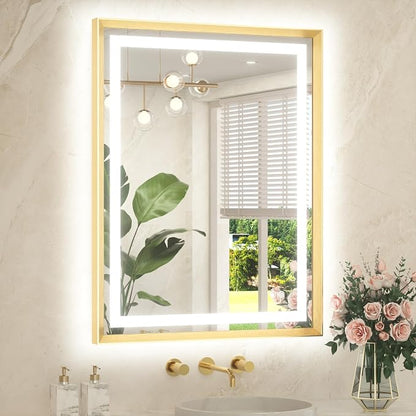 28 x 36 Bathroom LED Mirror Brushed Gold Metal Frame Frontlit & Backlit Vanity Mirror Anti-Fog Stepless Dimmable 3 Colors White/Warm/Natural Mirror with Lights Wall-Mounted