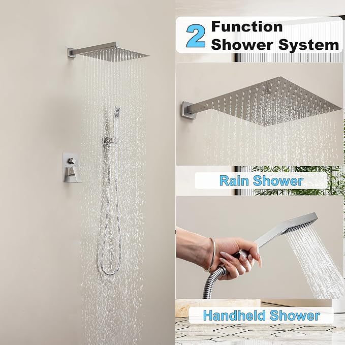 Brushed Nickel Shower System with 12-Inch Rain Showerhead and Handheld | Innovative air-injection technology for low pressure, high-flow rate up to 3.22 GPM ensuring powerful consistent stream