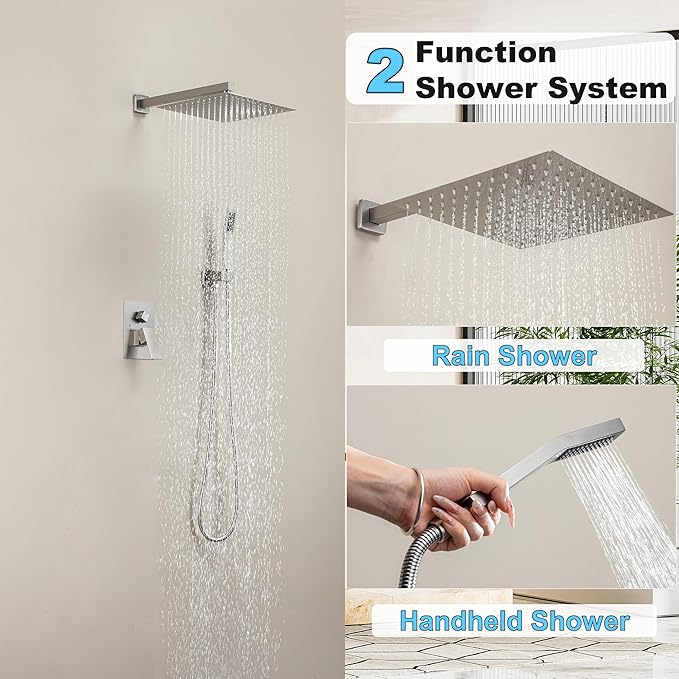 Shower Faucet Set, Shower System with 12 Inch Rain Showerhead and Handheld Shower, Wall Mounted High-Pressure Showerhead Combo Set Included Valve and Trim, Brushed Nickel