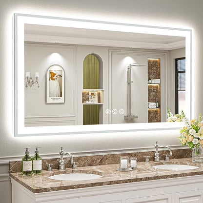 68x36 Inch Brushed Nickel LED Bathroom Mirror, Backlit & Front Lit | Silver Framed Anti-Fog Lighted Vanity Mirror with Lights, 3 Color Dimmable, Memory, HD Tempered Glass, CRI95, IP54, UL Listed