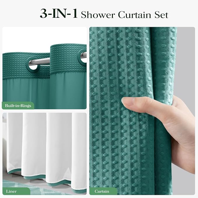 Seaweed Green Hook Free Waffle Shower Curtain & Snap Liner,72x75 | Less Time to install, 3 in 1 Fabric Shower Curtain and Liner Set with Magnets, Mesh Top Window, Shower Curtains for Bathroom