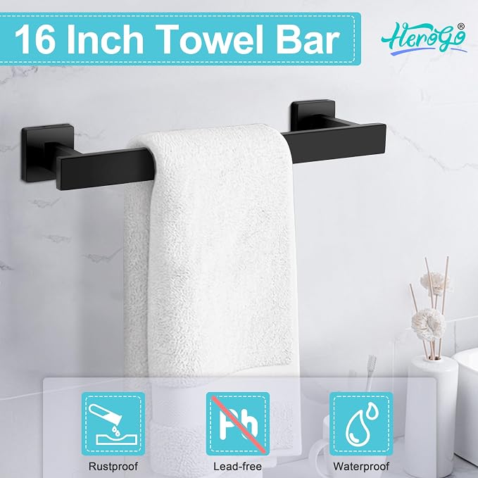 Herogo Matte Black Bathroom Hardware Set 5 Pieces, 16 Inch Bathroom Accessories Bath Towel Bars Set, Including Stainless Steel Toilet Paper Holder, Hand Towel Holder Racks, Hooks & Ring, Wall Mounted