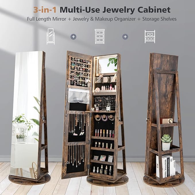 Byroce 360° Rotating Jewelry Armoire with Full Length Mirror, Lockable Jewelry Cabinet with 3-Color LED Lights, Rear Storage Shelves & Inside Makeup Mirror, Standing Jewelry Organizer (Rustic Brown)