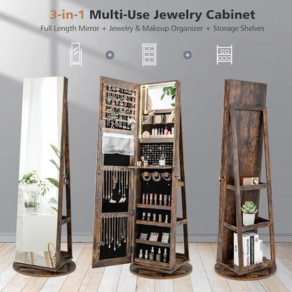 Byroce 360° Rotating Jewelry Armoire with Full Length Mirror, Lockable Jewelry Cabinet with 3-Color LED Lights, Rear Storage Shelves & Inside Makeup Mirror, Standing Jewelry Organizer (Rustic Brown)