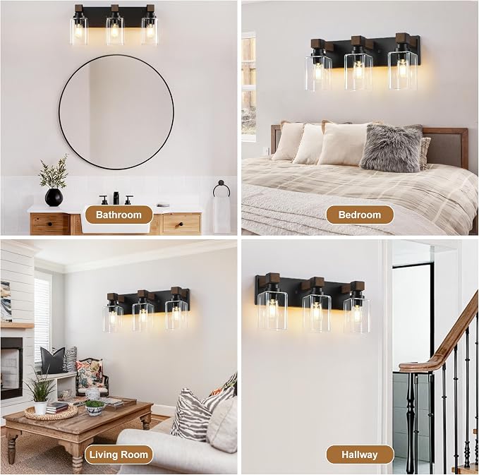Farmhouse Black 3-Light Bathroom Vanity Light, Square Glass Shade | Vintage Rustic Design, Wood Grain Finish, Matte Black Metal, Wall Mount Over Mirror Lighting Fixtures for Bathroom Restroom