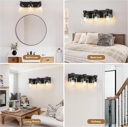 Farmhouse Black 3-Light Bathroom Vanity Light, Square Glass Shade | Vintage Rustic Design, Wood Grain Finish, Matte Black Metal, Wall Mount Over Mirror Lighting Fixtures for Bathroom Restroom