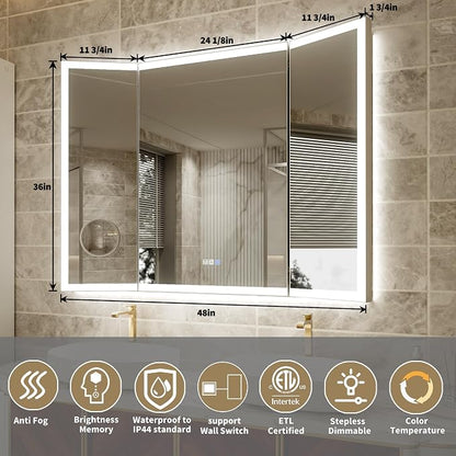 48"x36" Trifold LED Bathroom Mirror with Lights & Removable Magnifier, 180° Foldable, Front & Back Lit, Stepless Dimming, Adjustable Color Temperatures, Anti-Fog, Wall Mounted