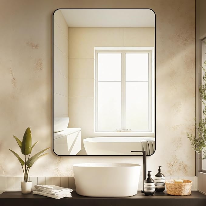 Bathroom Vanity Mirror, Black Framed Mirror for Over Sink, 40x28 | HD glass, distortion-free for makeup and grooming, Sturdy frame, all mounting hardware, hangs horizontal or vertical