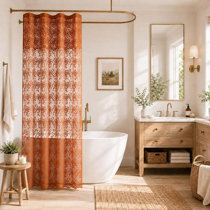 Orange Shower Curtain 36x72, Narrow Stall Lace with Attached Valance | Terracotta Lace Shower Curtain with Scalloped, Floral Details, Soft Light for Boho Fall Stalls, RVs and Small Bathrooms