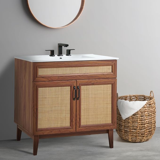 JONATHAN Y Javer Bohemian Rattan Freestanding Bath Vanity, 36", Walnut | 18" Deep, 33" High, 2 Soft-Close Doors, Caned Paneling, 2-Shelf Storage, Basin Not Included, Modern Farmhouse Style