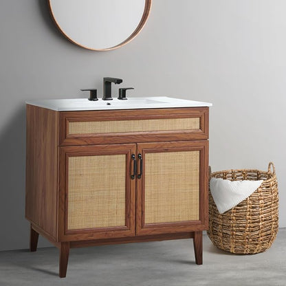 JONATHAN Y Javer Bohemian Rattan Freestanding Bath Vanity, 36", Walnut | 18" Deep, 33" High, 2 Soft-Close Doors, Caned Paneling, 2-Shelf Storage, Basin Not Included, Modern Farmhouse Style