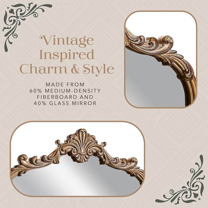 English Estate Carved Arch Wood Wall Mirror, Mirror for Entryway, Living Room, Bathroom, Antique Gold, 20.4x33