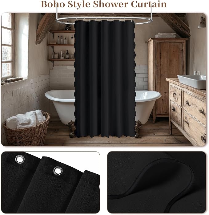 BTTN 54x78 Boho Scalloped Linen Textured Cloth Shower Curtain Set, Black | Narrow Long Size, 230GSM Waterproof Polyester, Heavy Duty Fabric, 10 Plastic Hooks, Elegant Farmhouse Style, Machine Washable