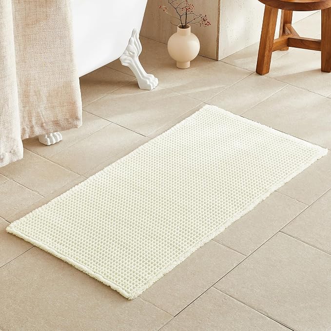 TYUU Cream White Waffle Bath Mat, Boho Bathroom Rugs Non Slip, 48x24 | Super Absorbent Quick Dry Bath Rug, Non-Slip Backing, Soft Waffle Washable Farmhouse Bathroom Mats, Tub, Shower & Home Decor