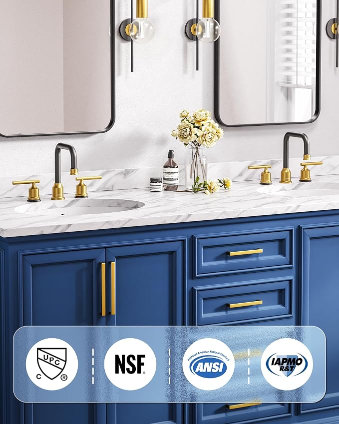 WOWOW Black Gold Bathroom Faucet 3 Hole, Widespread Vanity Sink Faucets | Copper Inlet Faucet for Bathroom Sink with Swivel Spout, 2 Handles Lavatory Tap with Drain and cUPC Supply Line (Set of 2)