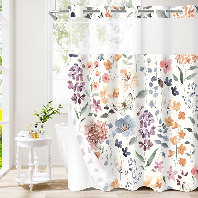 Litabel No Hook Ivory Watercolor Floral Shower Curtain and Liner Set, 72x86 | Spring Flower Shower Curtains with Snap-in Liner for Farmhouse Bathroom Decor, Botanical Bathroom Curtain with Leaves