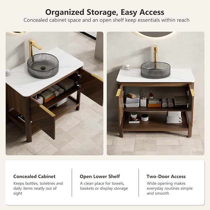 Yayzy 36 Inch Bathroom Vanity with Sink, Freestanding Dark Walnut Bathroom Cabinet, Smoky Gray Glass Vessel Sink, Carrara White Sintered Stone Countertop, Soft Close Doors, Open Storage Shelf