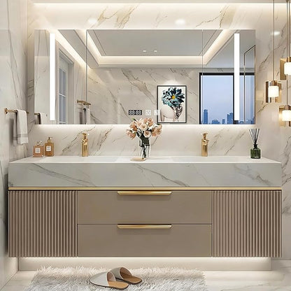 84 Inch Floating Bathroom Vanity with Double Sink, Khaki | Smart LED Defog Medicine Cabinet, Sintered Stone Countertop, Solid Wood, 2 Soft-Close Doors & Drawers, Khaki